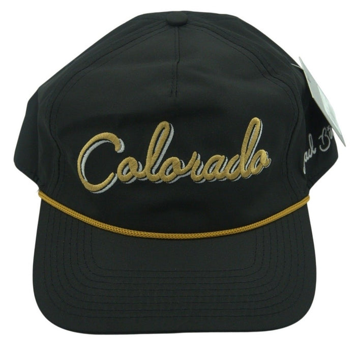 Bad Birdie Colorado embroidered rope hat in black and gold with detailed embroidery and adjustable rope strap.