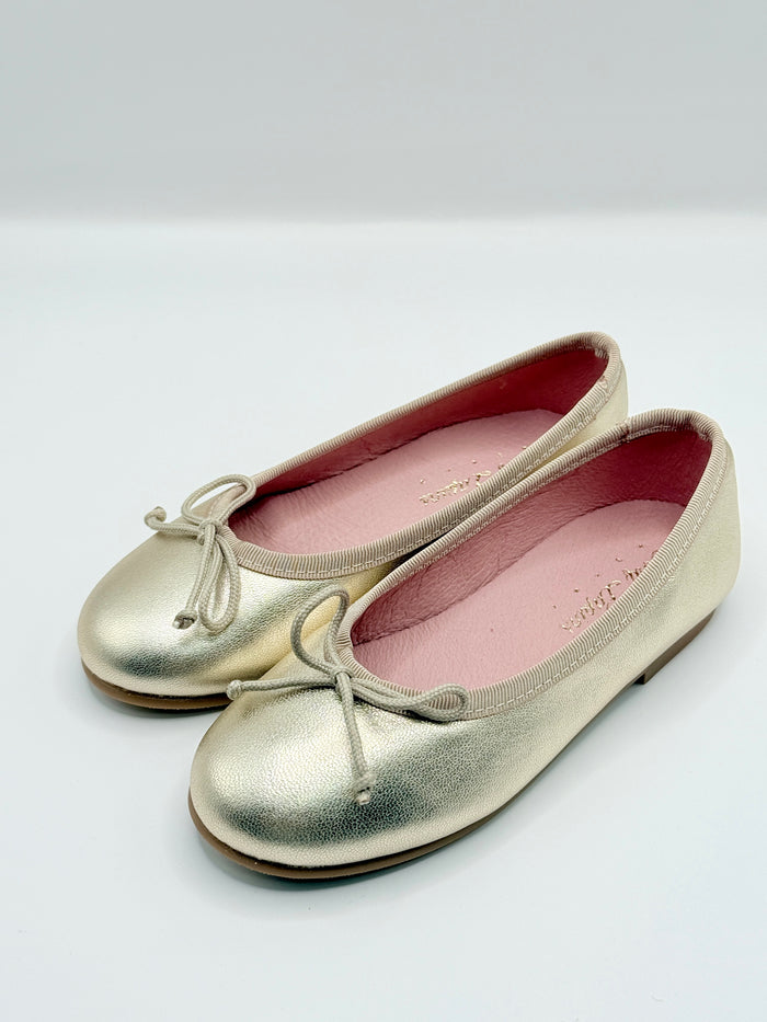Pair of gold metallic shoes on a white background