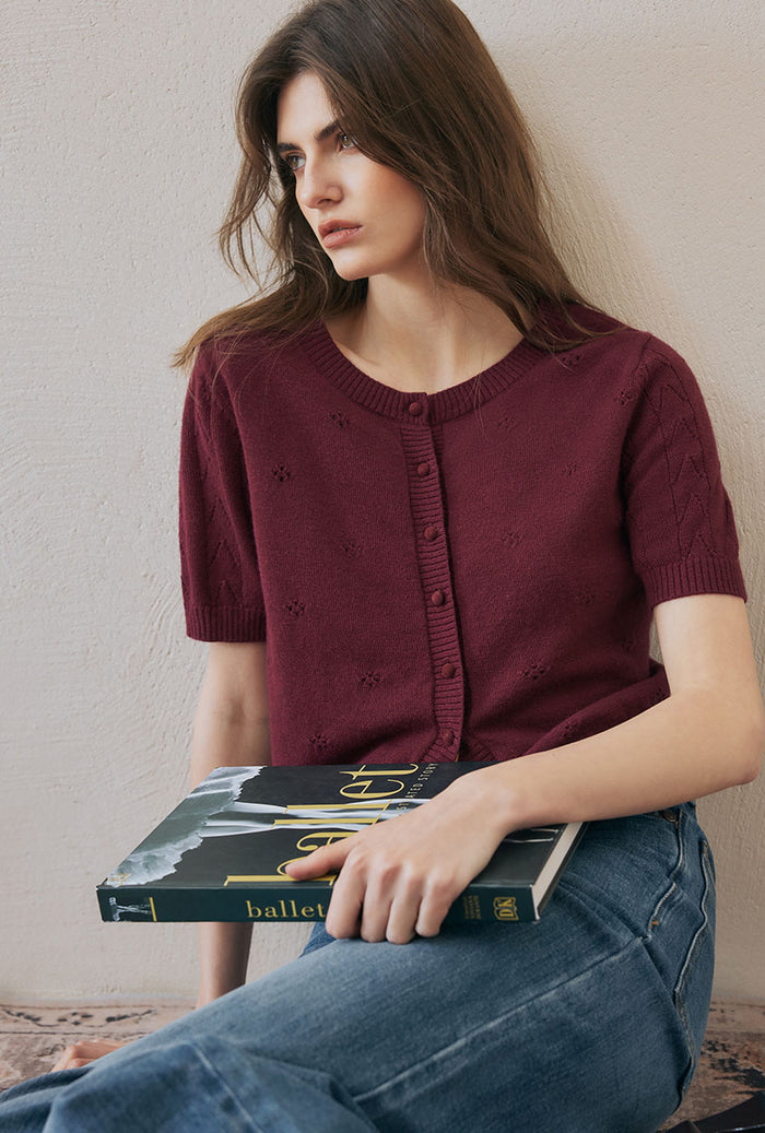 Petite Studio's Basti Reversible Merino Wool Cardigan in Burgundy