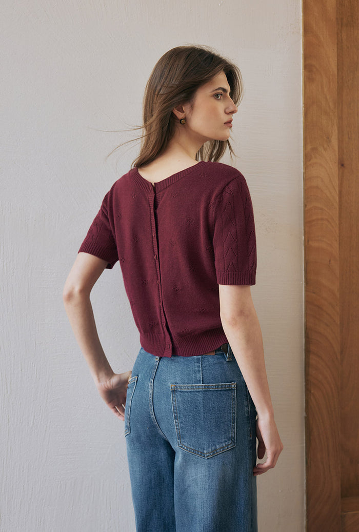 Petite Studio's Basti Reversible Merino Wool Cardigan in Burgundy