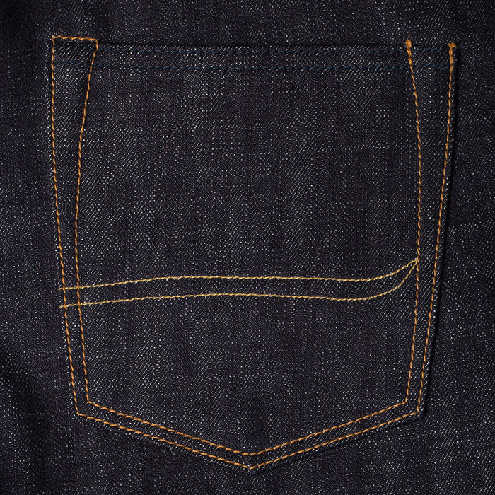 men's high waist tapered fit japanese selvedge denim jeans | indigo | made in japan | benzak BDD-516 heavy slub 16 oz. RHT | back pocket arc
