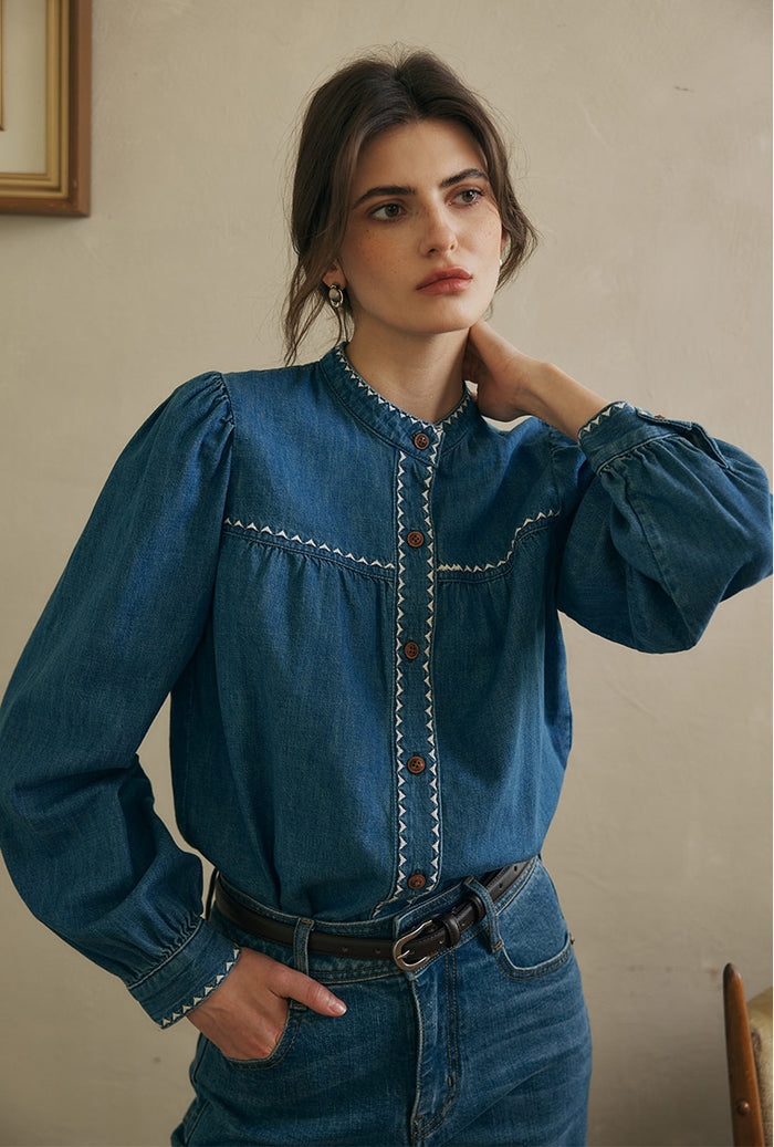 Petite Studio's Benj Embroidered Denim Blouse in Blue