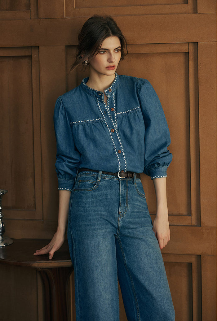 Petite Studio's Benj Embroidered Denim Blouse in Blue