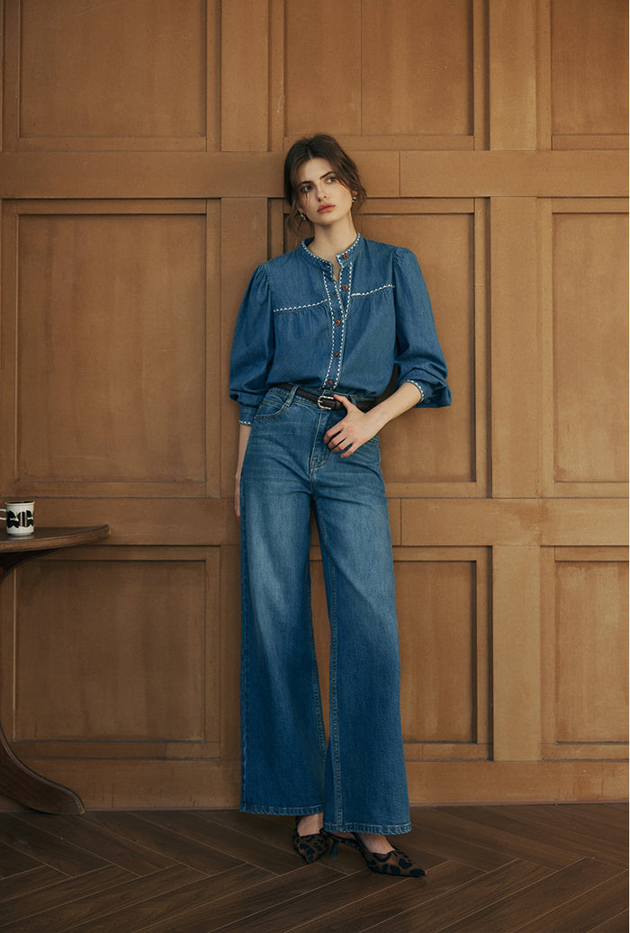Petite Studio's Benj Embroidered Denim Blouse in Blue