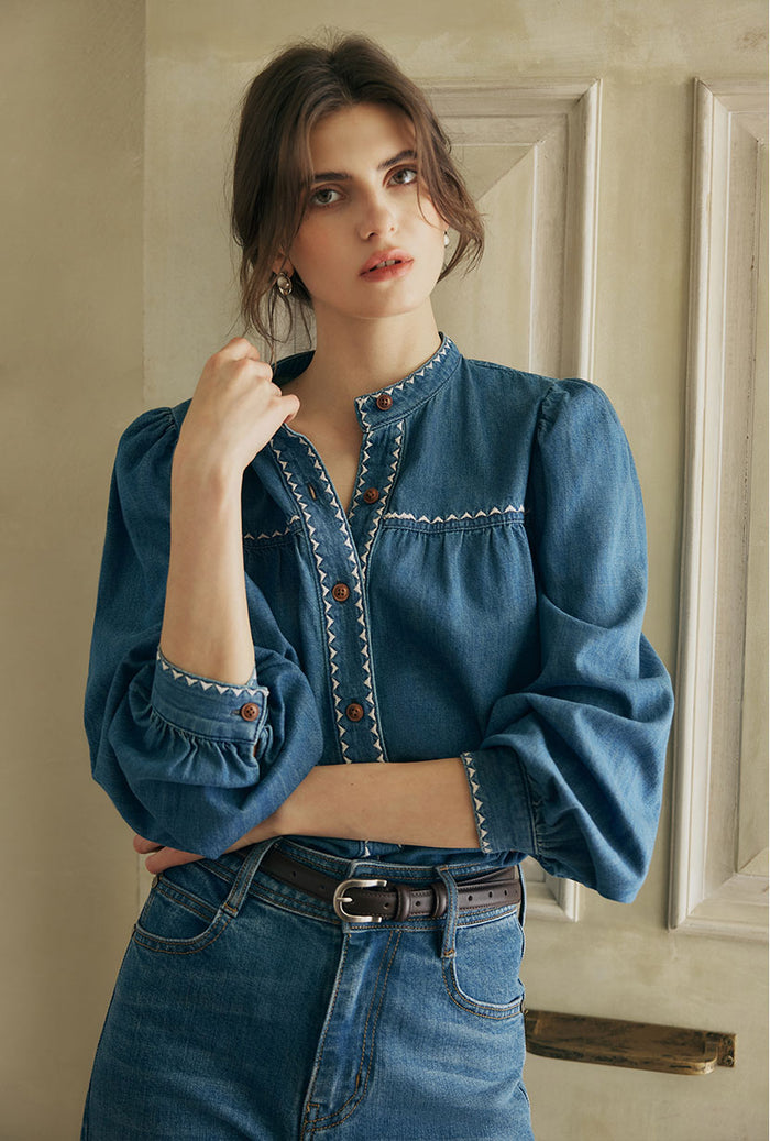 Petite Studio's Benj Embroidered Denim Blouse in Blue