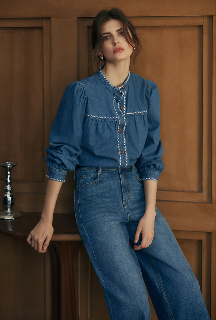 Petite Studio's Benj Embroidered Denim Blouse in Blue