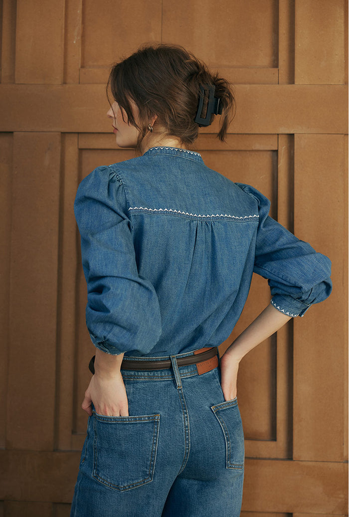 Petite Studio's Benj Embroidered Denim Blouse in Blue