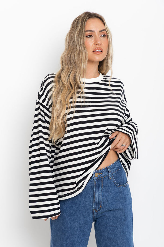 Benni Stripe Long Sleeve Top - Black and Cream - The Self Styler
