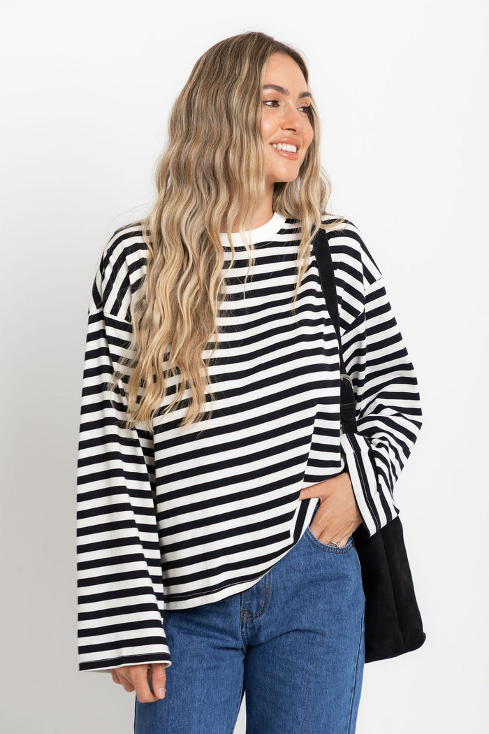 Benni Stripe Long Sleeve Top - Black and Cream - The Self Styler