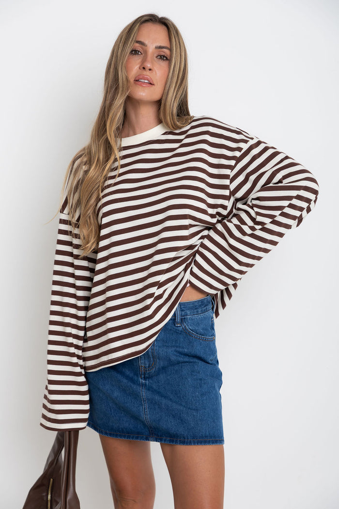 Benni Stripe Long Sleeve Top - Chocolate and Cream - The Self Styler