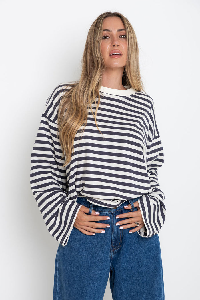 Benni Stripe Long Sleeve Top - Grey and Cream - The Self Styler