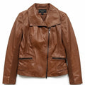 Brown Bernardo real leather jacket in size XS, showing the front view with classic design and smooth leather texture.