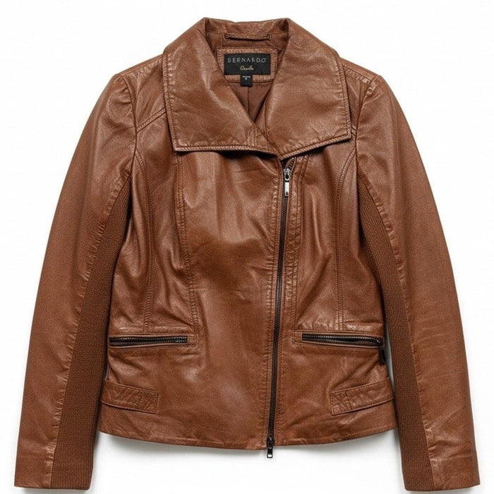 Brown Bernardo real leather jacket in size XS, showing the front view with classic design and smooth leather texture.
