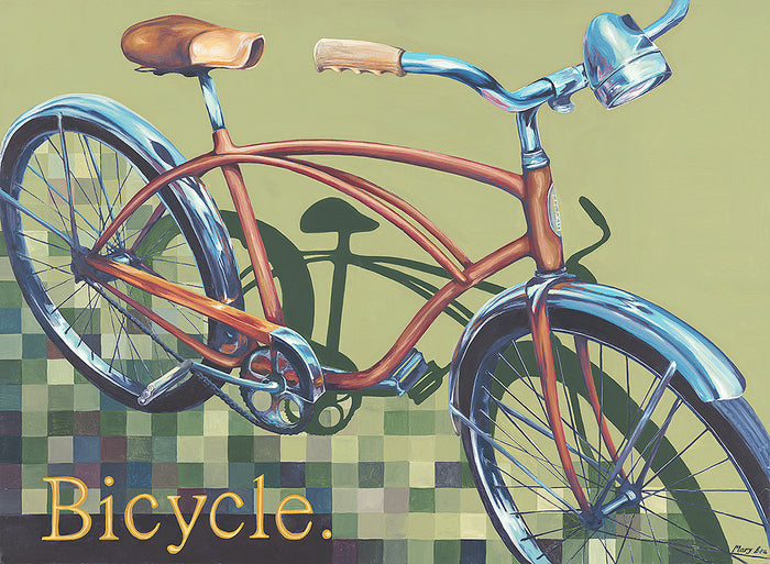 Bicycle Fine Art Print by Mary Bea McWatters of a painting of a brown bicycle on a green checkered background
