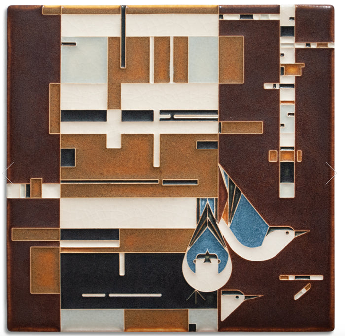 Birch Bark & Birds #8871 by Motawi.   Originally painted in 2005, Birch Bark & Birds shows three nuthatches playing amongst birch trees, a common setting for many of Charley Harper’s pieces.