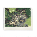 Bird's Nest.  A casually elegant card featuring a digital reproduction of a block print design with the same title by Natalia Wohletz of Peninsula Prints, Milford and Mackinac Island, Michigan.