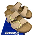 Birkenstock Arizona Soft Footbed Nubuck Leather Sandals for Women, EU 37, in Sandcastle color, showing the classic strap design.