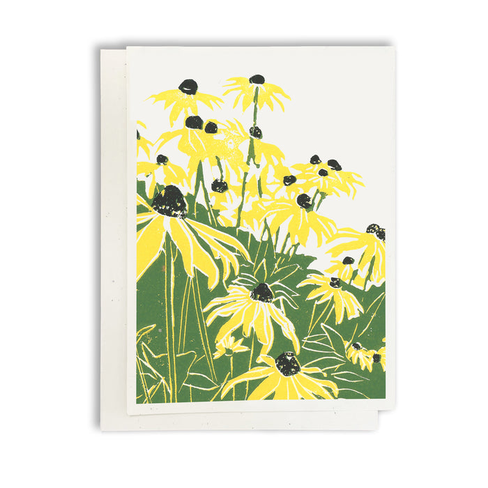 Black Eyed Susan's. A casually elegant card featuring a digital reproduction of a block print design with the same title by Natalia Wohletz of Peninsula Prints, Milford and Mackinac Island, Michigan.