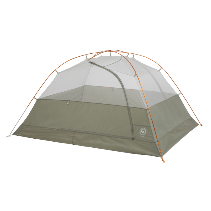 The Big Agnes Returns Blacktail 3 - Vetiver is a lightweight backpacking tent with mesh upper walls, orange poles, and a rectangular floor in green and gray, shown set up against a plain white background.