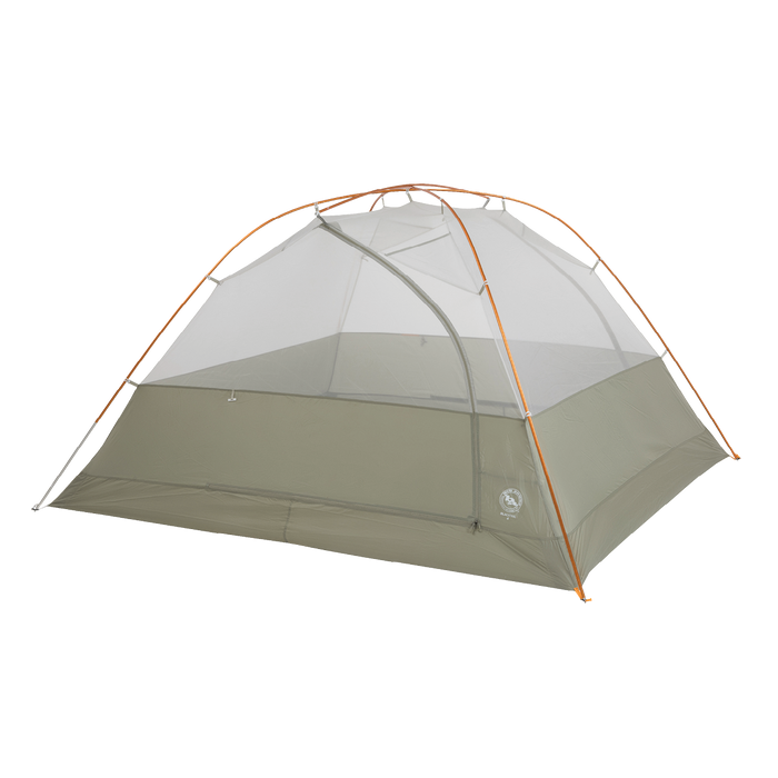 The Big Agnes Returns Blacktail 4 - Vetiver is a lightweight backpacking tent in green and gray with a mesh upper, orange poles, and rectangular base, shown set up against a plain white background.