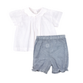 White top and blue striped shorts set on a white background