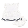 White baby dress with ruffled sleeves and striped details on a white background