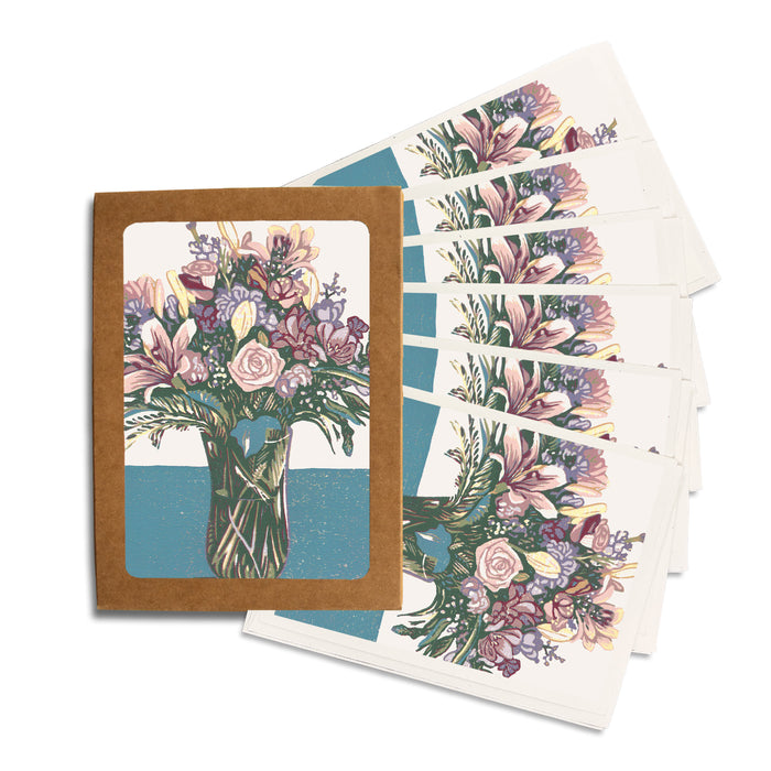 Bouquet.  A casually elegant card featuring a digital reproduction of a block print design with the same title by Natalia Wohletz of Peninsula Prints, Milford and Mackinac Island, Michigan.