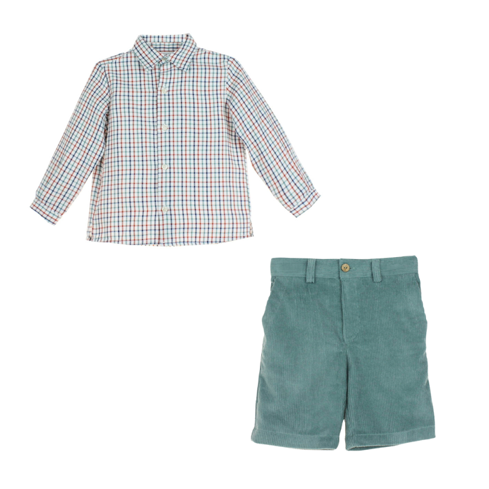 Checkered shirt and green shorts on a white background