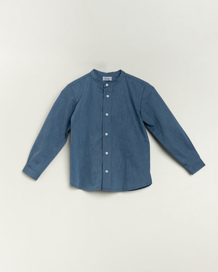 Blue button-up shirt on a light gray background