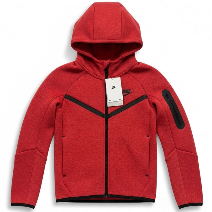 Nike Boys Tech Fleece full-zip hoodie in Light University Red, XS size, featuring a hood and front zipper for a sporty look.