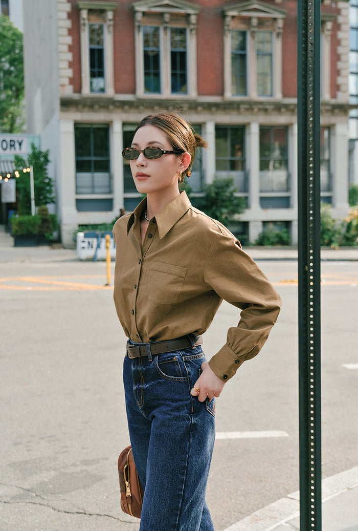 Petite Studio's Brenda Cotton Blend Shirt in Olive Brown