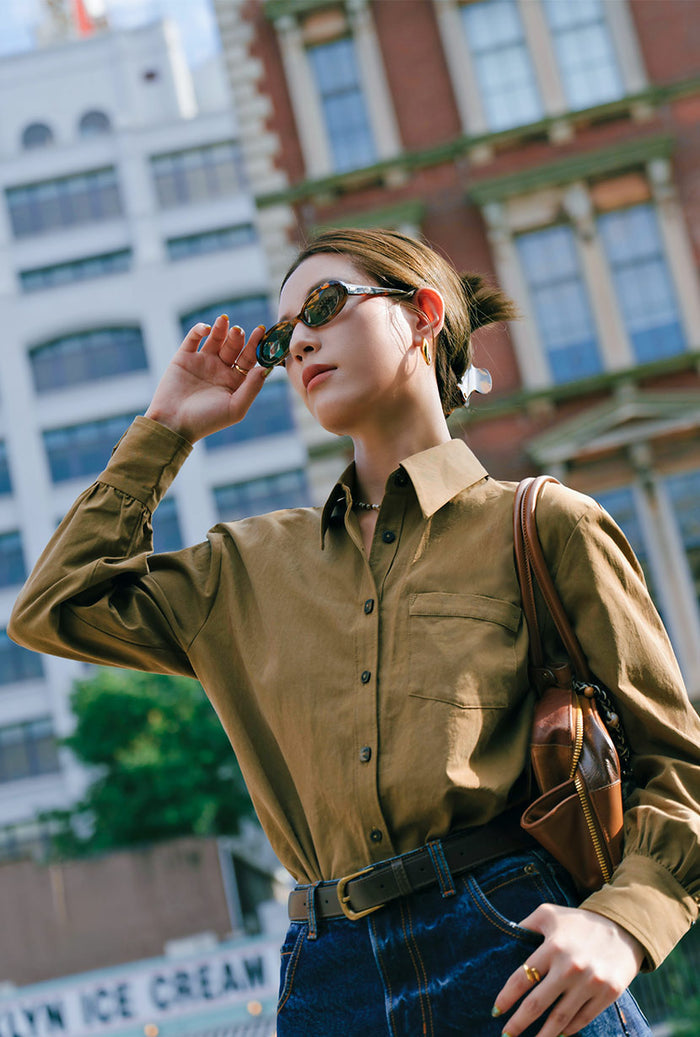 Petite Studio's Brenda Cotton Blend Shirt in Olive Brown