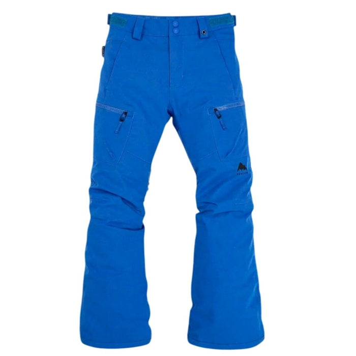 Burton G Elite girls' cargo snowboard pants in Amparo Blue, small size, with waterproof fabric and multiple pockets.