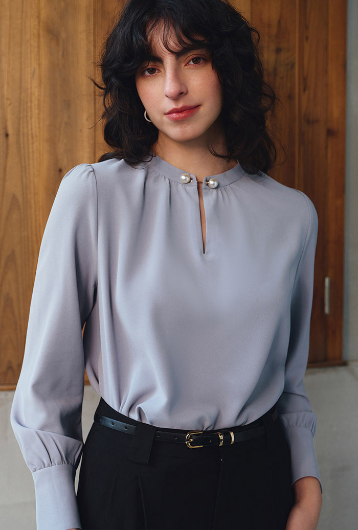 Petite Studio's Office-Appropriate Buvette Pearl Blouse in Dusty Blue