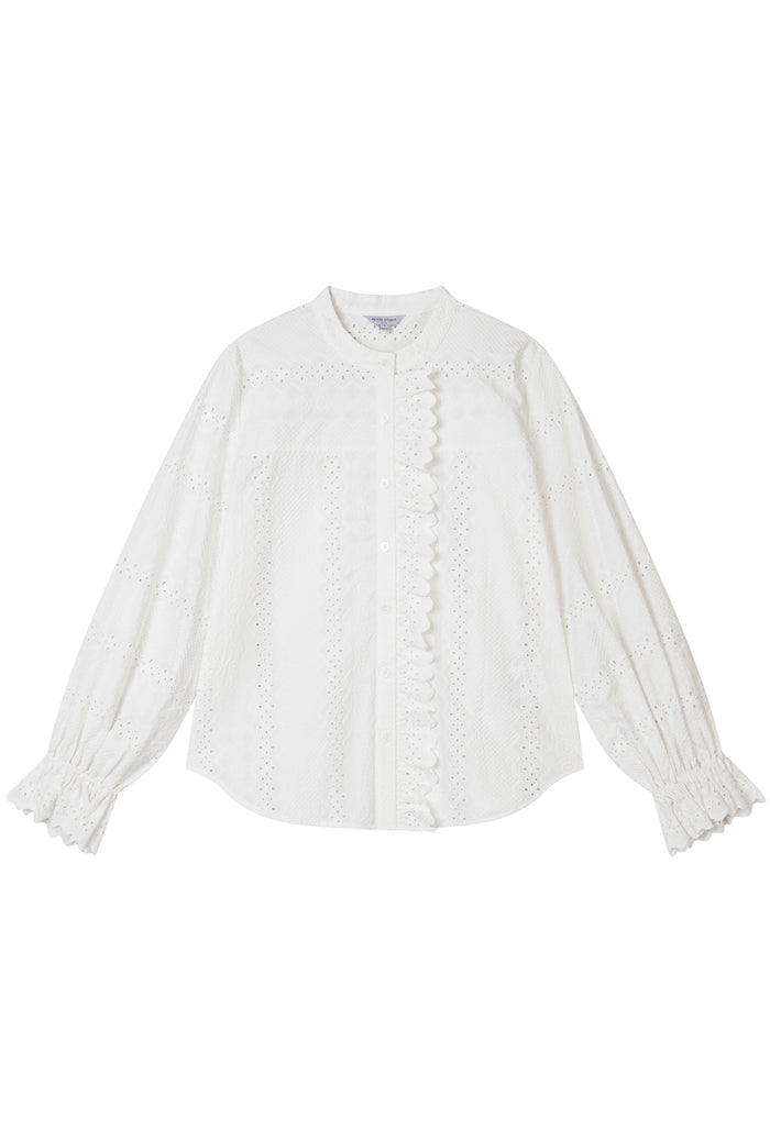 Petite Studio's Calen Embroidered Ruffled Cotton Blouse in Ivory