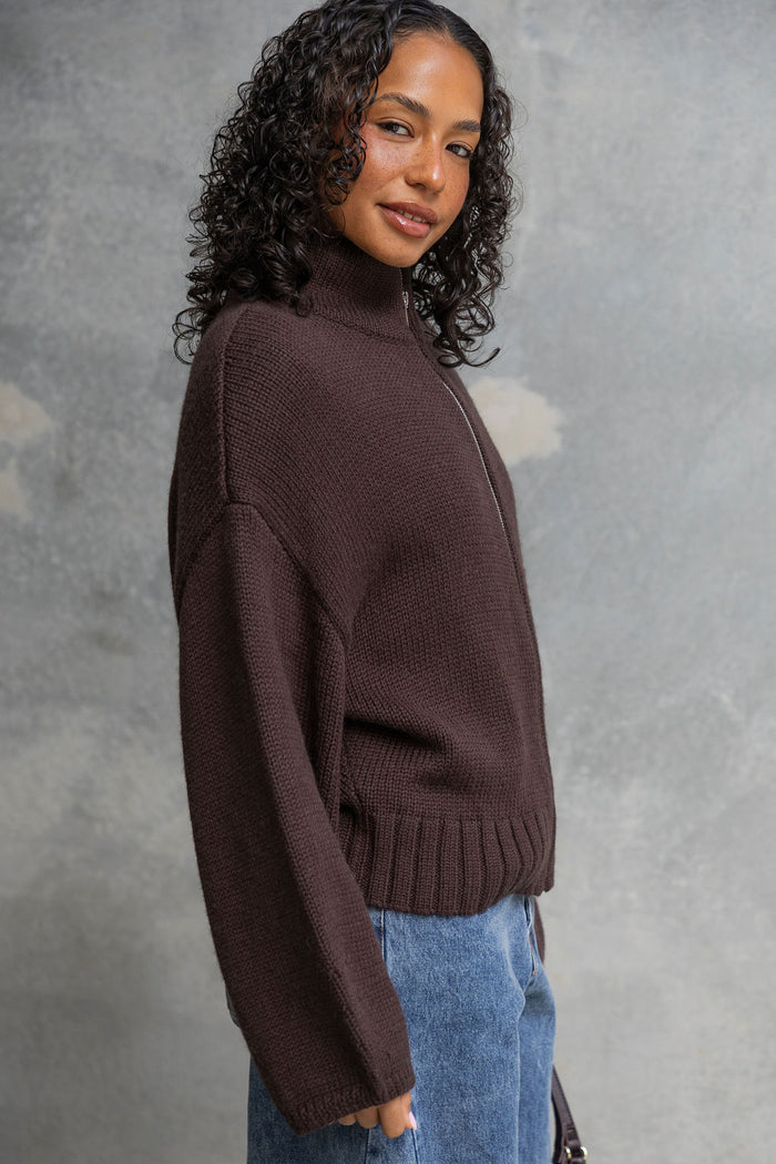 Callie Funnel Neck Zip-Up Cardigan - Chocolate