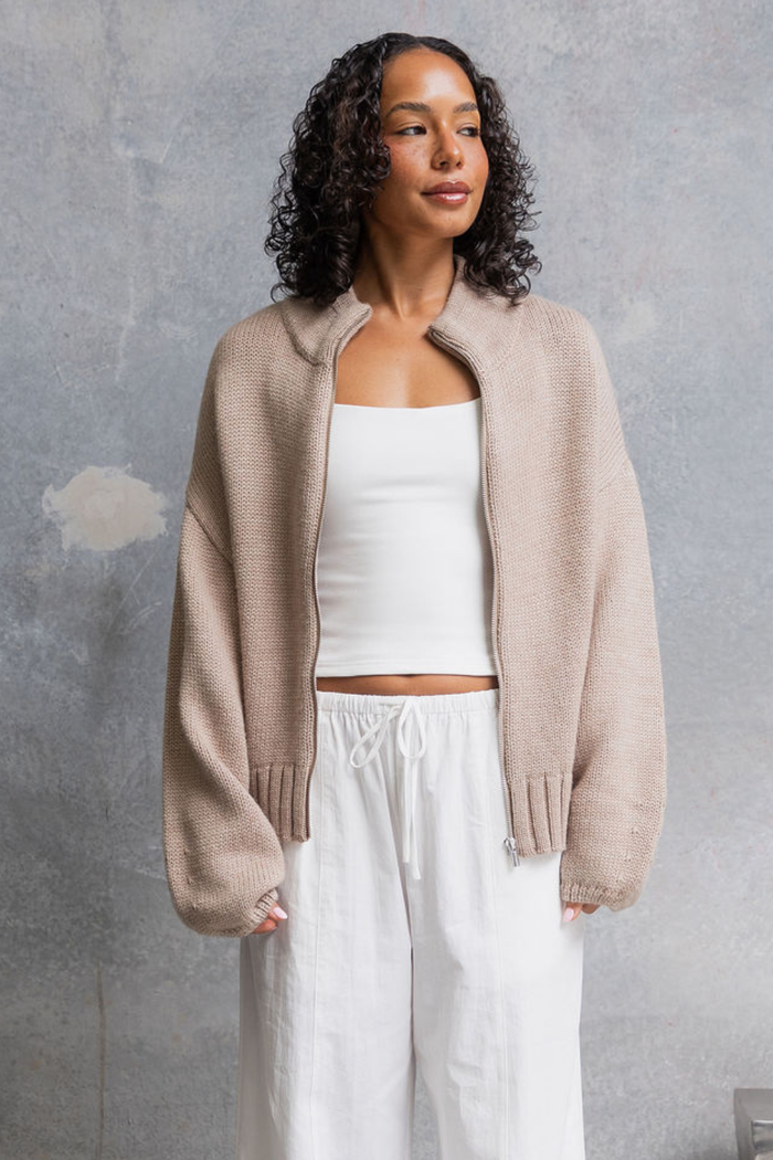 Callie Funnel Neck Zip-Up Cardigan - Latte