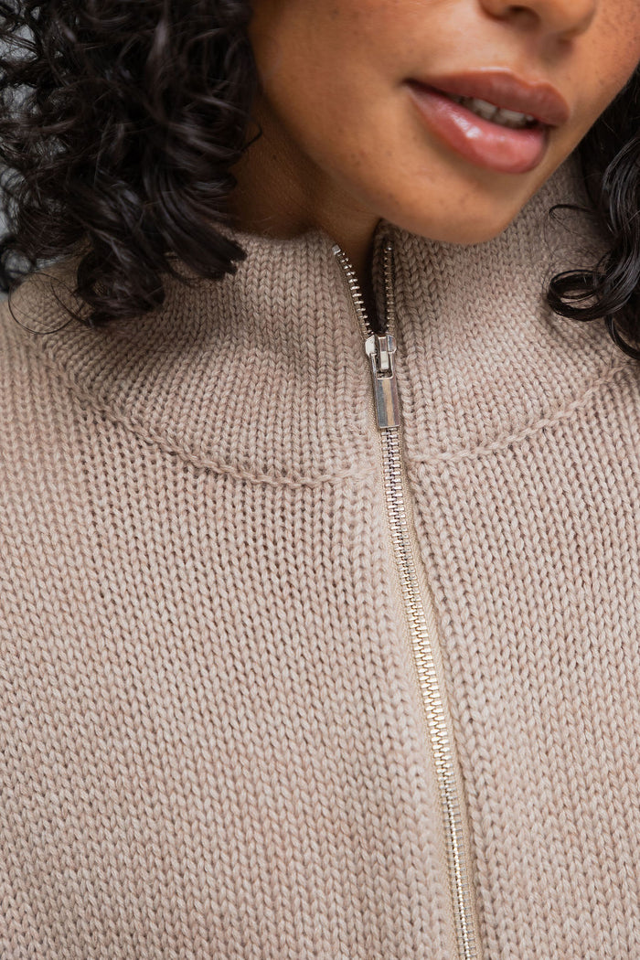 Callie Funnel Neck Zip-Up Cardigan - Latte