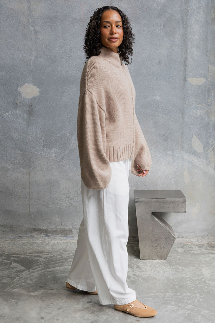 Callie Funnel Neck Zip-Up Cardigan - Latte