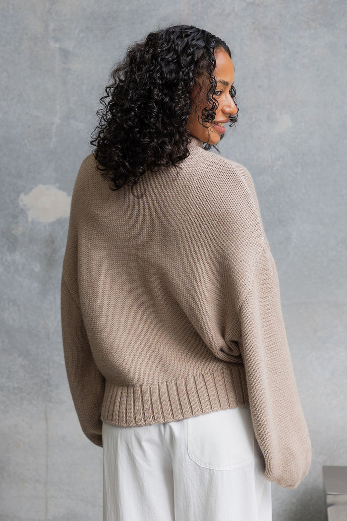 Callie Funnel Neck Zip-Up Cardigan - Latte