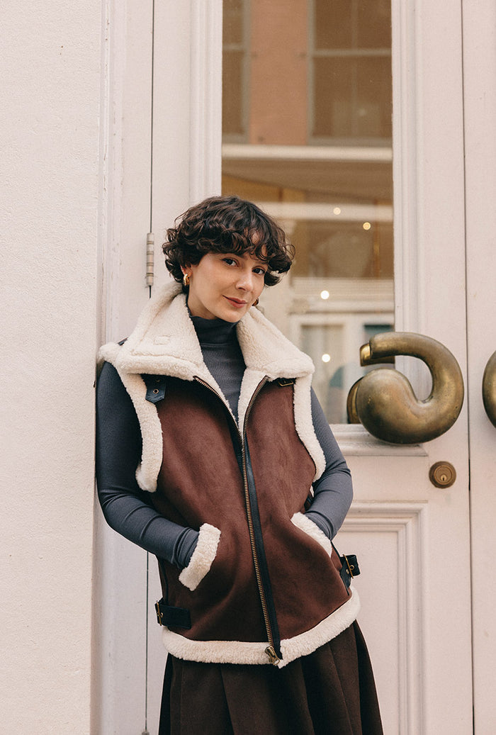 Petite Studio's Camilla Shearling Vest Jacket in Chocolate