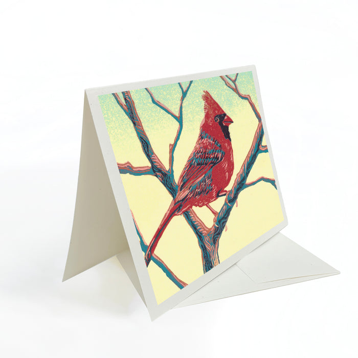 Cardinal.  A casually elegant card featuring a digital reproduction of a block print design with the same title by Natalia Wohletz of Peninsula Prints, Milford and Mackinac Island, Michigan.