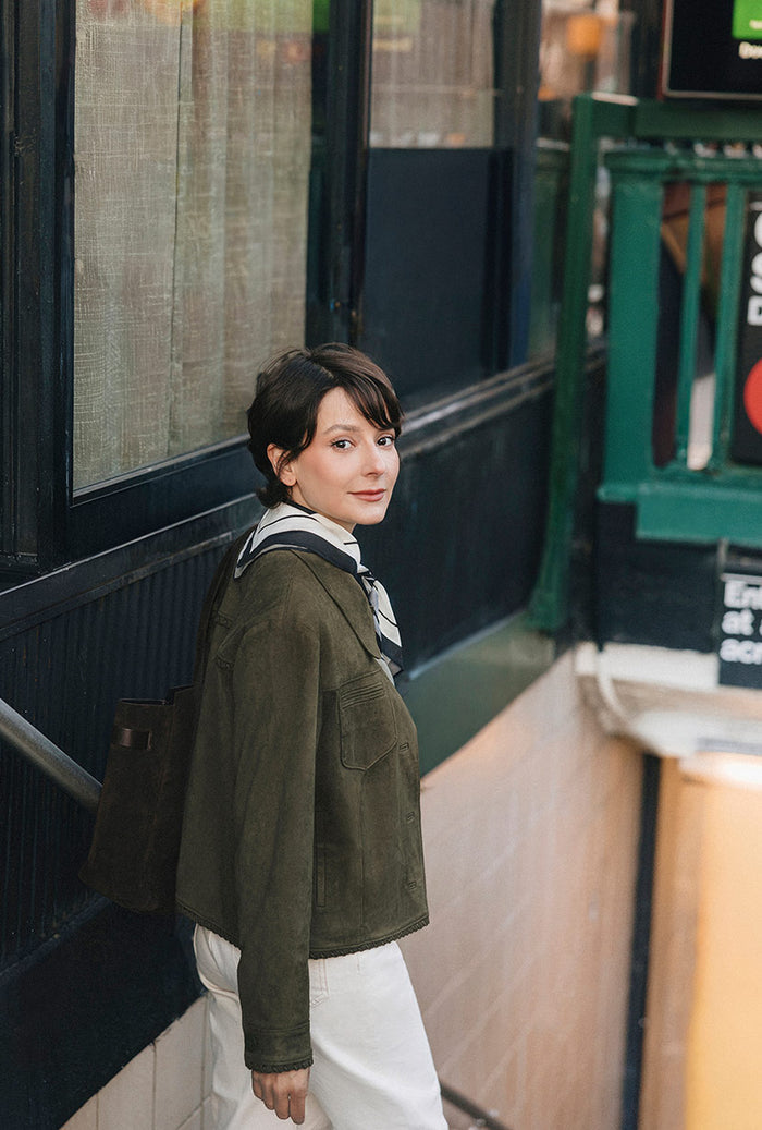 Petite Studio's Chiara Suede Jacket in Deep Olive