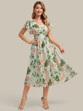 Chiffon Ruffle Sleeve A-Line Wedding Guest Dress #color_Light Green Floral