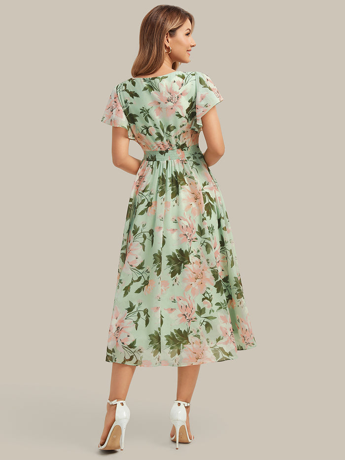 Chiffon Ruffle Sleeve A-Line Wedding Guest Dress #color_Light Green Floral