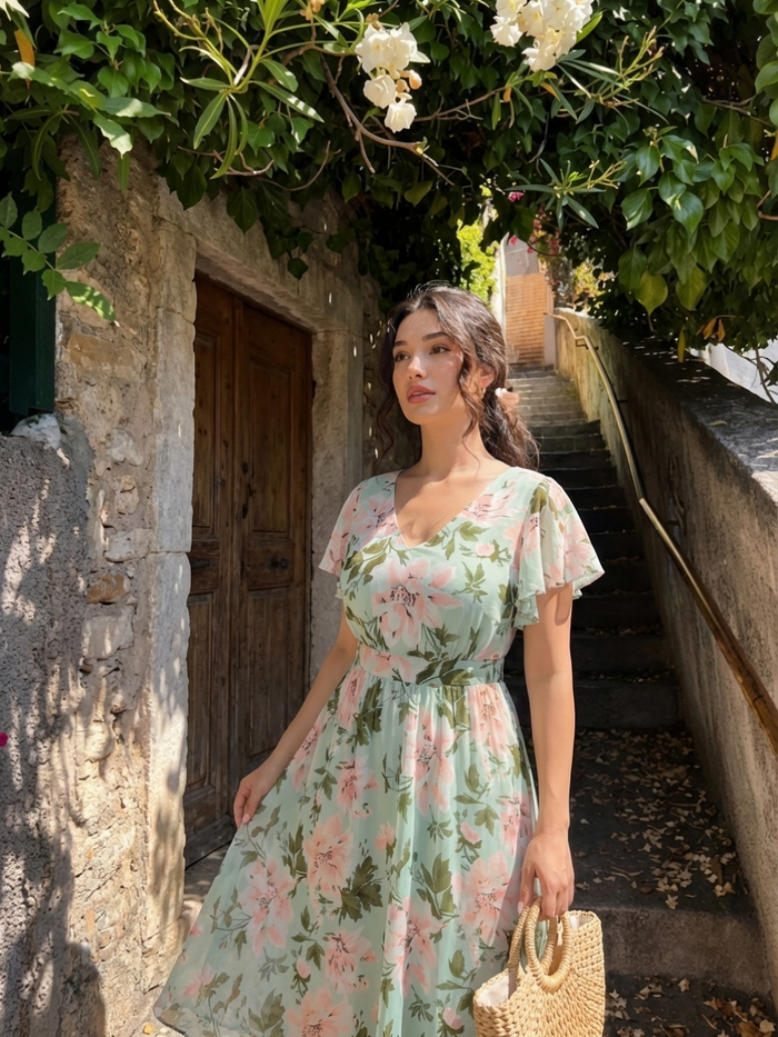 Chiffon Ruffle Sleeve A-Line Wedding Guest Dress #color_Light Green Floral