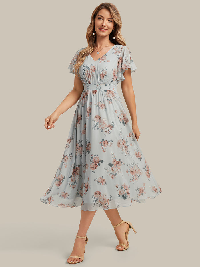 Chiffon Ruffle Sleeve A-Line Wedding Guest Dress #color_Amber Bloom