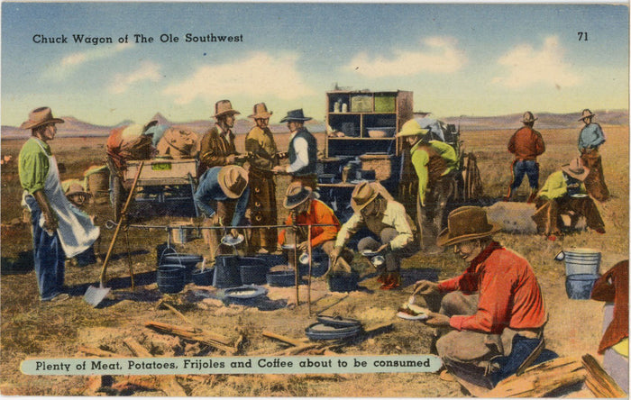 Chuck Wagon of Ole Southwest Cowboys Vintage Postcard 1940s (unposted)