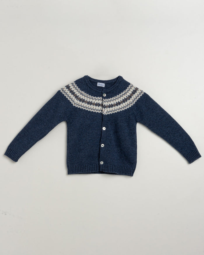 Blue knitted cardigan with a patterned collar on a light gray background