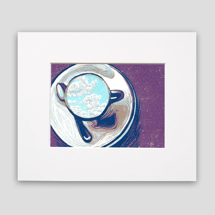 Contemporary latte art by printmaker Natalia Wohletz of Peninsula Prints, Michigan, titled Clouds in My Coffee.